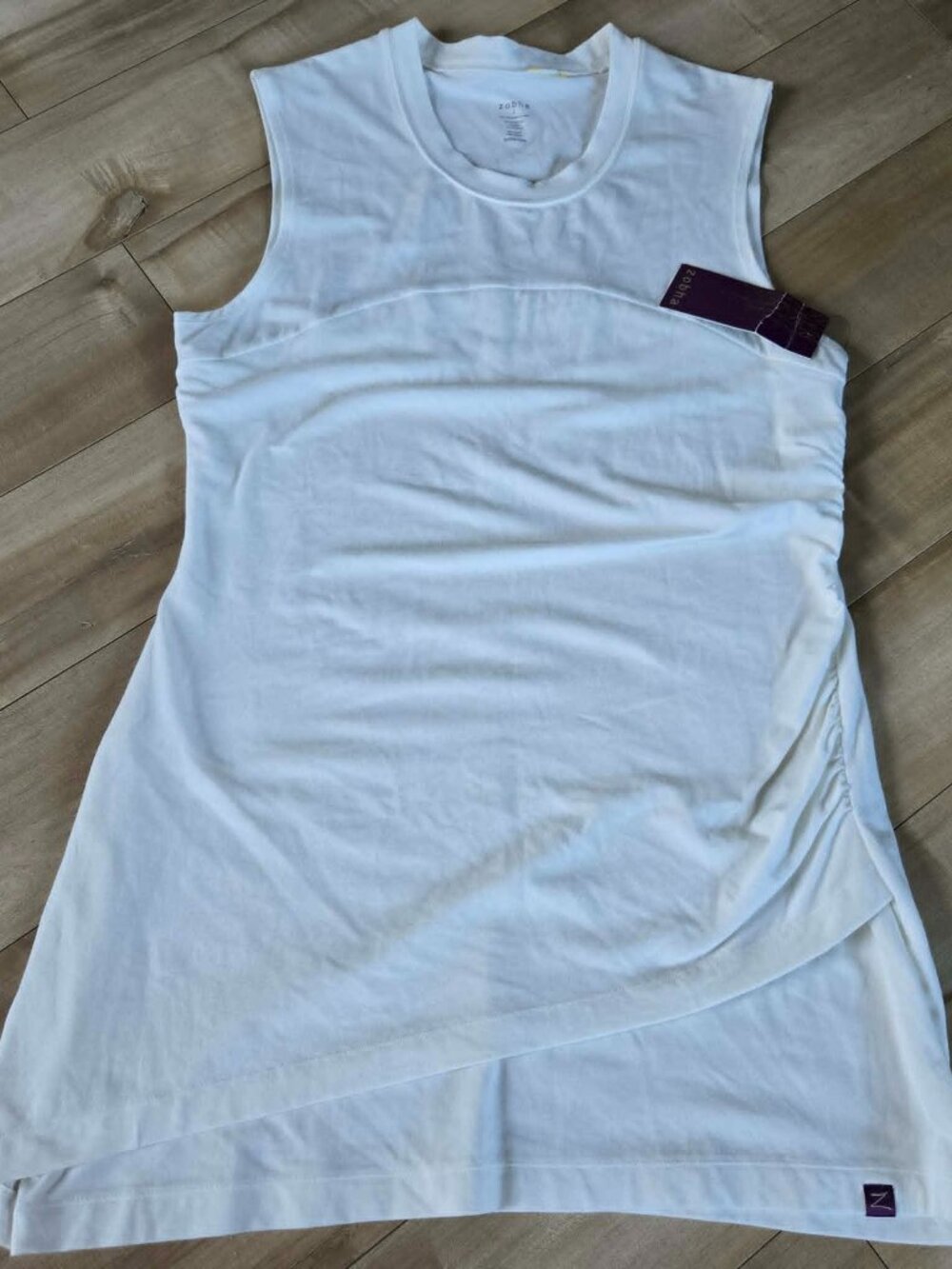 NWT Zobha White Asymmetric Ruched Tunic Top L Tencel Athleisure Beach Coverup